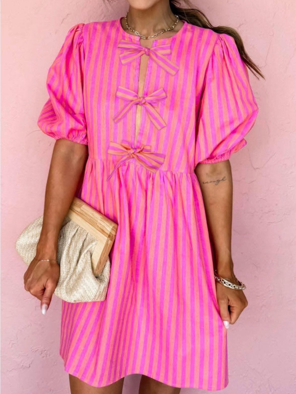 Pink Stripe Mini Dress with Bow Accents - Picture 1 of 1
